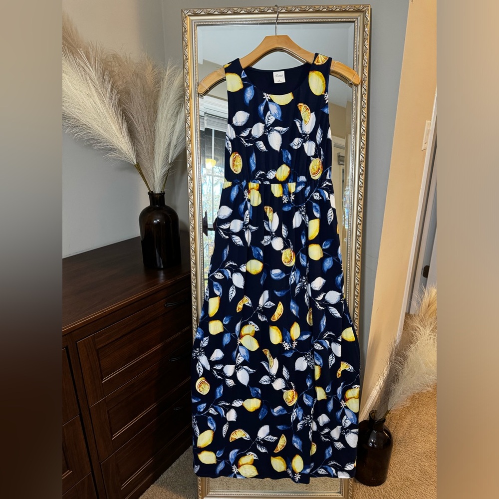 Soma Navy Blue Floral & Lemon Print Maxi Dress - Medium - New Without Tags